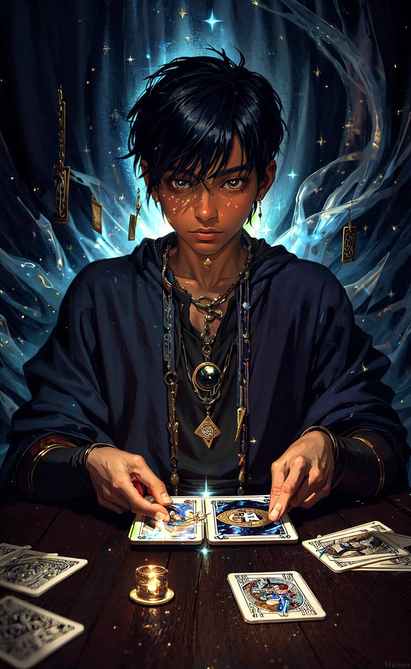 25744-3525311718-impressionism painting, realistic, 1boy, fortune teller, tarot cards at a table, looking at viewer, dark skin, mystical, magical.png